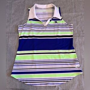 Jofit Tech Cutaway Sleeveless Polo Tank Royal Blue Green Stripe M